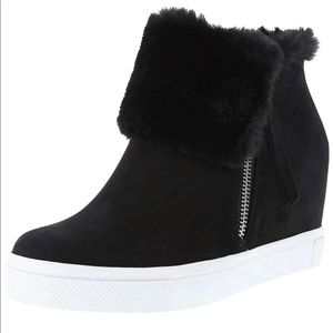 Black Suede Wedge Sneaker with Fur